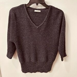 New York & Company Black w/ Silver Metallic V-Neck 3/4 Sleeve Knit Top Sz. Small